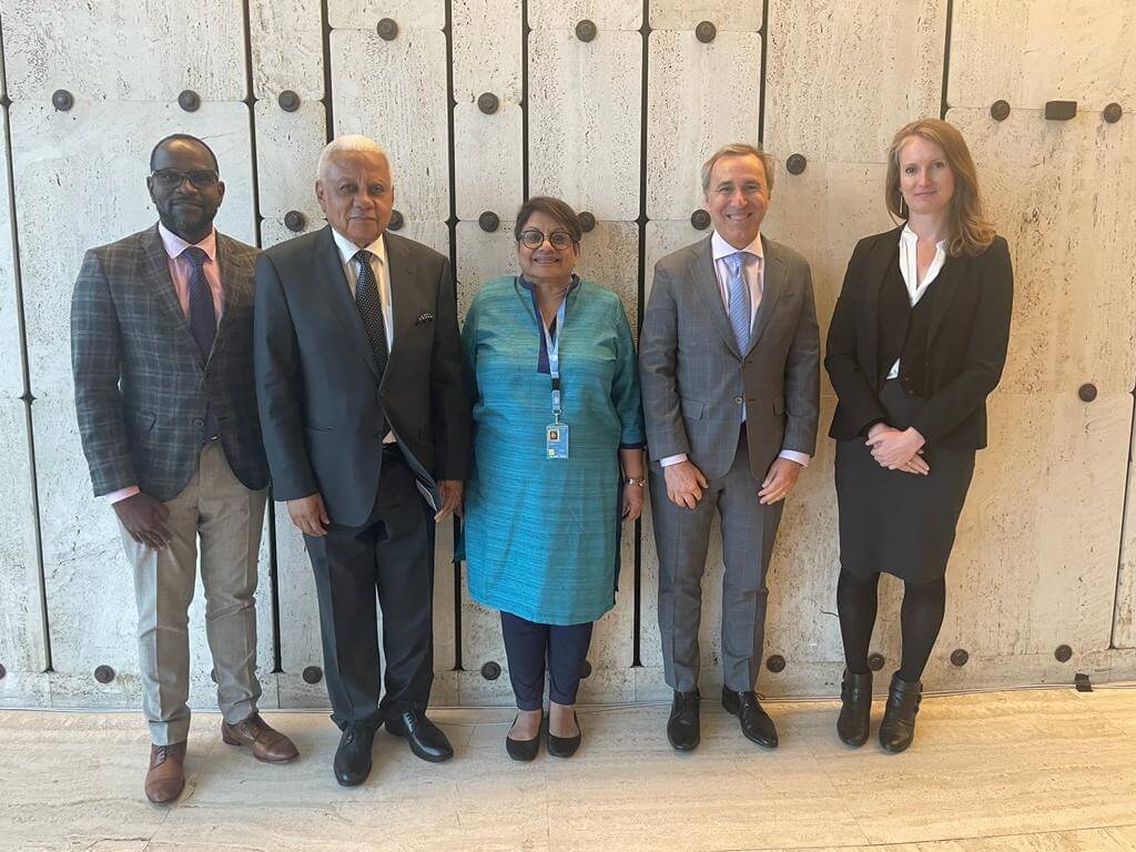 From left, Sam Mutungi, chief of staff, International Commission of Human Rights Experts on Ethiopia; commission chair Mohamed Chande Othman, former chief justice of Tanzania; commission member Radhika Coomaraswamy, former chairperson of the Sri Lanka Human Rights Commission; commission member Steven Ratner, the Bruno Simma Collegiate Professor of Law; and Laura Haigh, ICHREE chief of investigations.