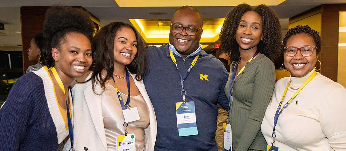 Michigan Law alumni, Brittany Warren, Britney Littles, Sam Edandison, Kya Henley, and Kyla Moore attend the Black Alumni Reunion 2023 reception.