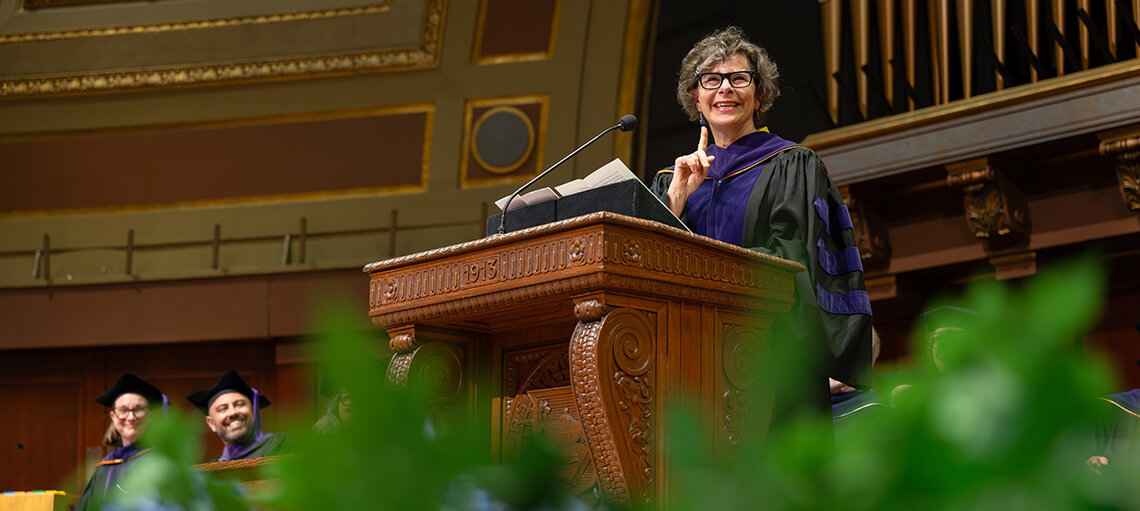 Sarah Zearfoss speaks to the Michigan Law class of 2026 and audience during Senior Day.