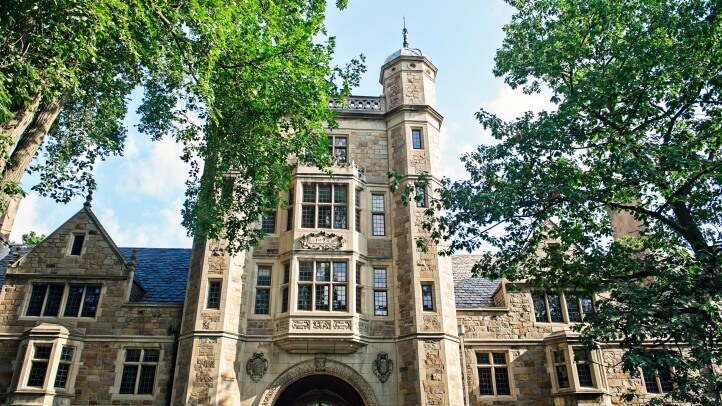 Exterior view of the Lawyers Club Archway from the Law Quad