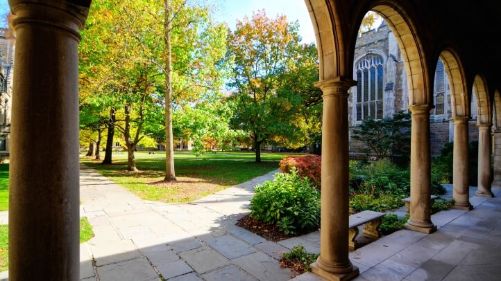 Exterior view from Lawyers Club Alcove in the Fall looking towards the Law Quad
