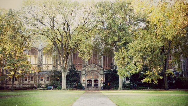 Exterior view of the reading room entrance during the summer