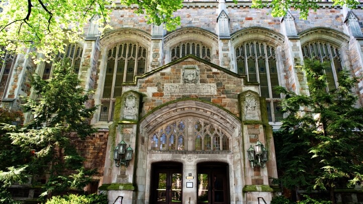 Exterior view of the Reading Room Entrance from the Law Quad during Summer