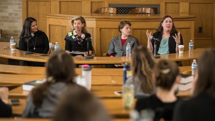 Michigan Law Hosts Panel featuring women in IP lecturing in classroom full of students