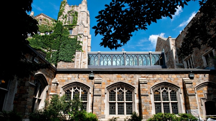Exterior view of the bridge between Hutchins Hall and the Reading room from the inner courtyard of the law school