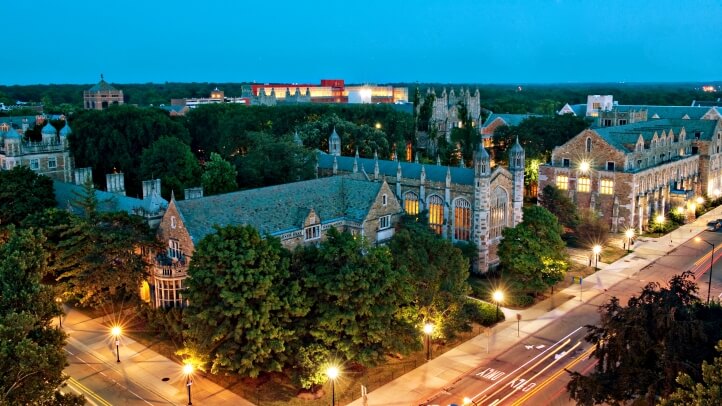Aerial view of the Michigan Law School campus in the summer during sunset