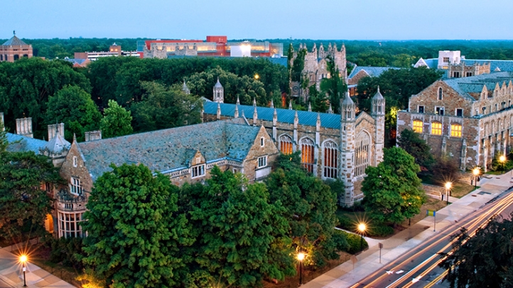 Aerial view of Michigan Laws campus at dusk