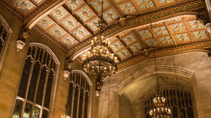 Image of the ornate work of the ceiling in the Law Library