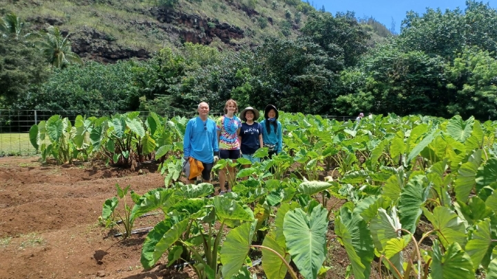 Alumni standing in a field in Hawaii.