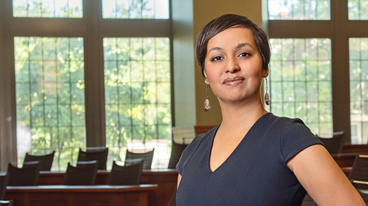Professor Sanjukta Paul standing in a Michigan Law classroom