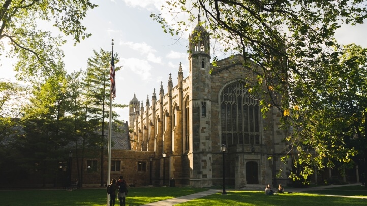 Light filled scene of University of Michigan Law School Law Quad Social