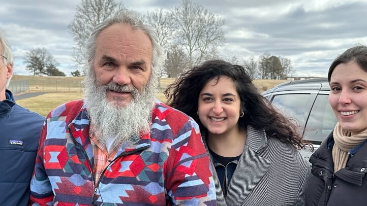 Jeff Titus pictured after his release from prison with (far left) Professor David Moran and Naomi Farahan and Olivia Daniels, who worked on Titus’s case as student-attorneys in the Michigan Innocence Clinic.