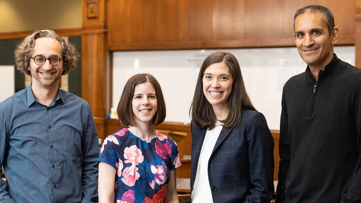 Winners of the 2023 Michigan Law faculty awards are (from left) Gil Seinfeld, Margaret Hannon, Emily Prifogle, and Vivek Sankaran.