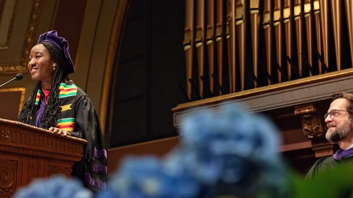 A student delivers a speech at the Law School Senior Day celebration.