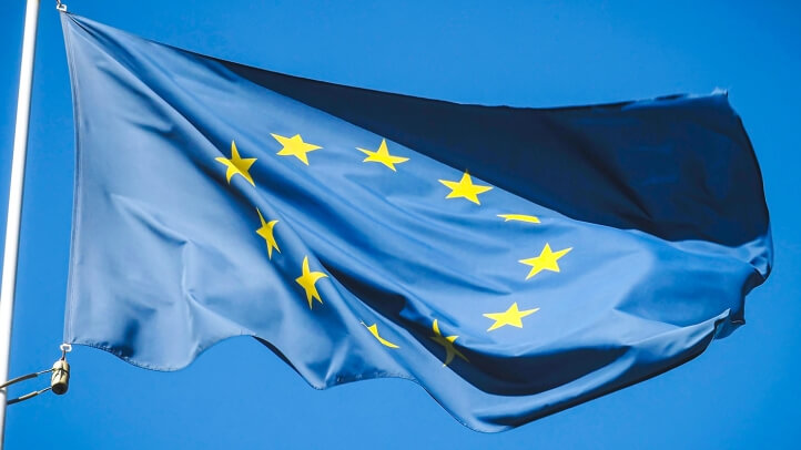 A blue flag on a pole.