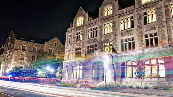 Light trails from traffic passing Jeffries Hall.