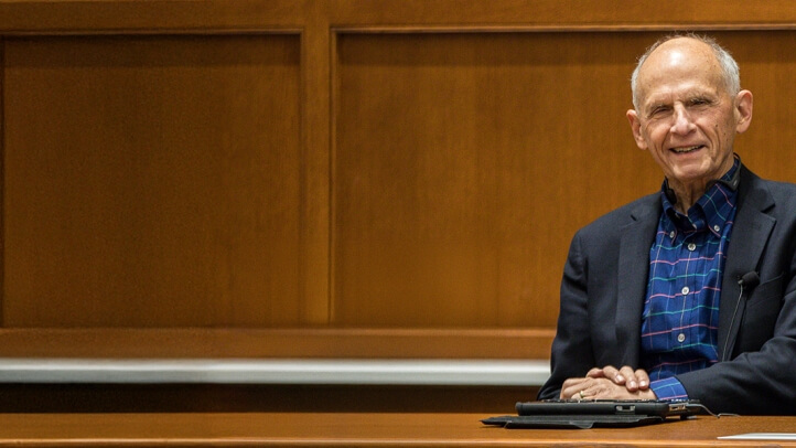 Former Federal Judge David S. Tatel and Professor Nicholas Bagley speaking during a Michigan Law School lecture.
