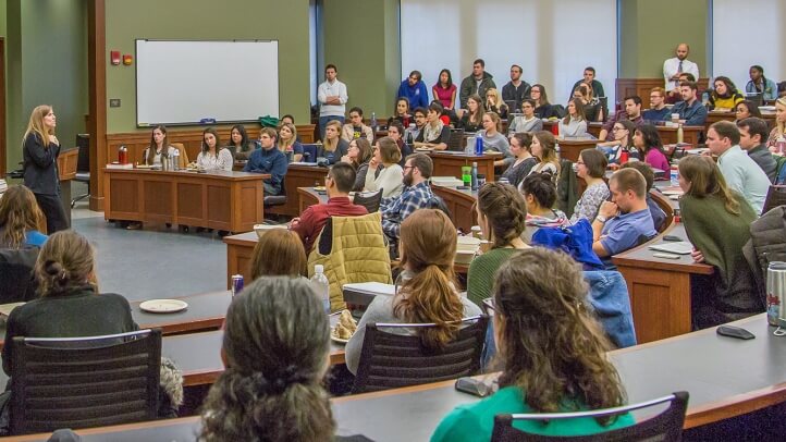 Eve Brensike Primus lectures in front of a Michigan Law audience.