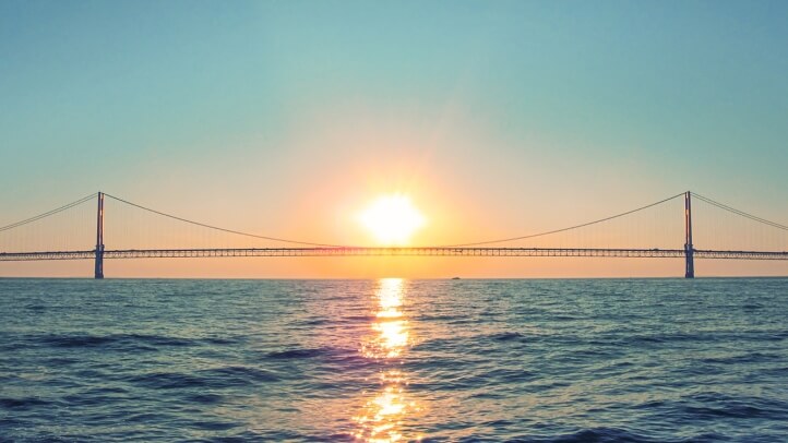 Mackinac Bridge in Michigan at sunset.