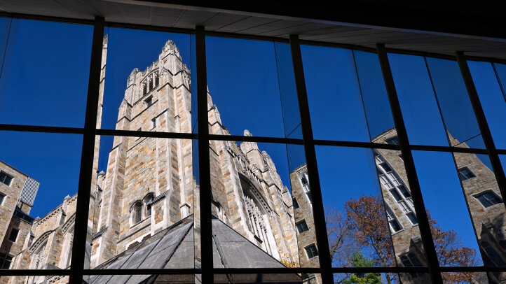 View through the windows of the Law Library of the Michigan Law Reading Room