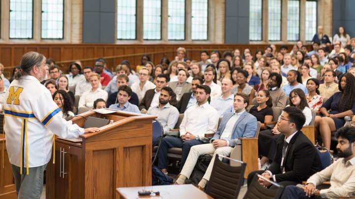 Matthew Fletcher engages a room full of Michigan Law students.