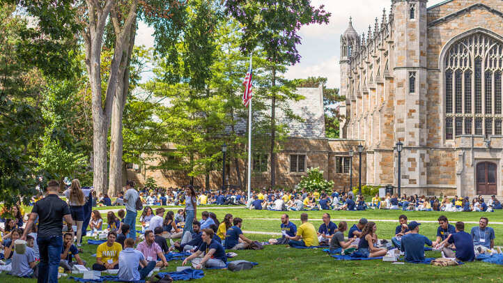 Michigan Law students gathered in groups in the Law Quad during Orientation 2025.