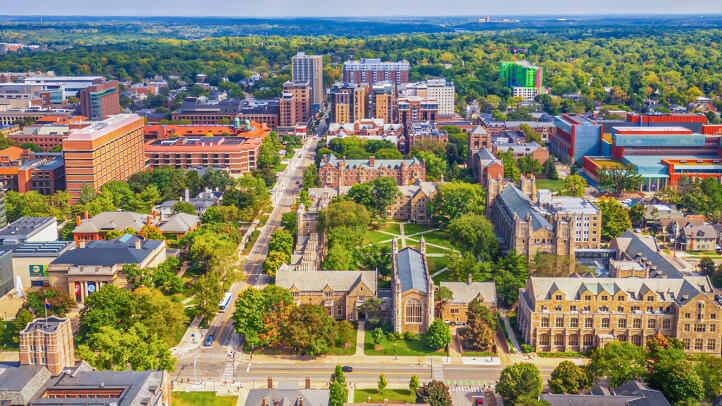 Aerial view of the University of Michigan Law School campus in Ann Arbor, Michigan.