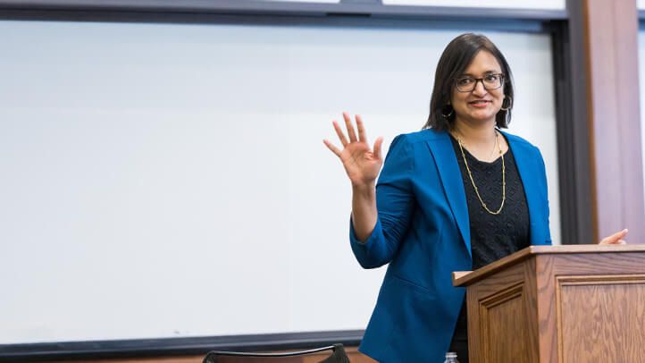 Archi Pyati, ’02, delivering Public Interest Week’s keynote address.