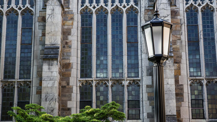 Michigan Law Reading Room exterior windows and lamp post.