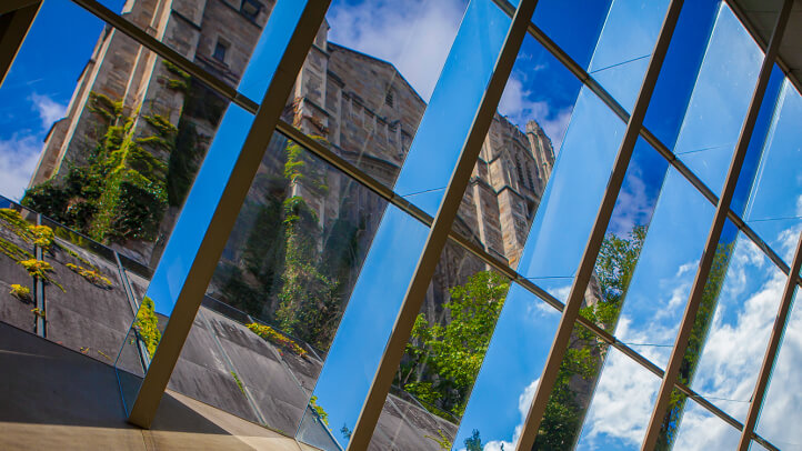 Exterior of the Michigan Law Reading Room through the Law Library Windows.