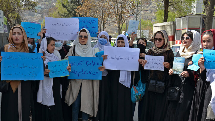 Afghan women protest in front of the Ministry of Education in Kabul.