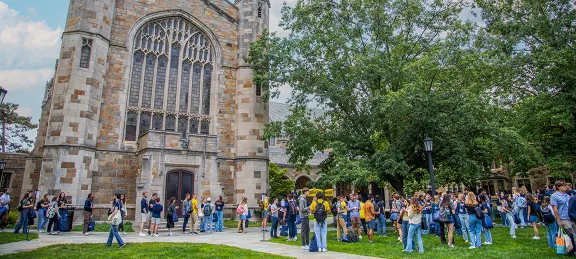 Michigan Law students gather outside in the Law Quad.