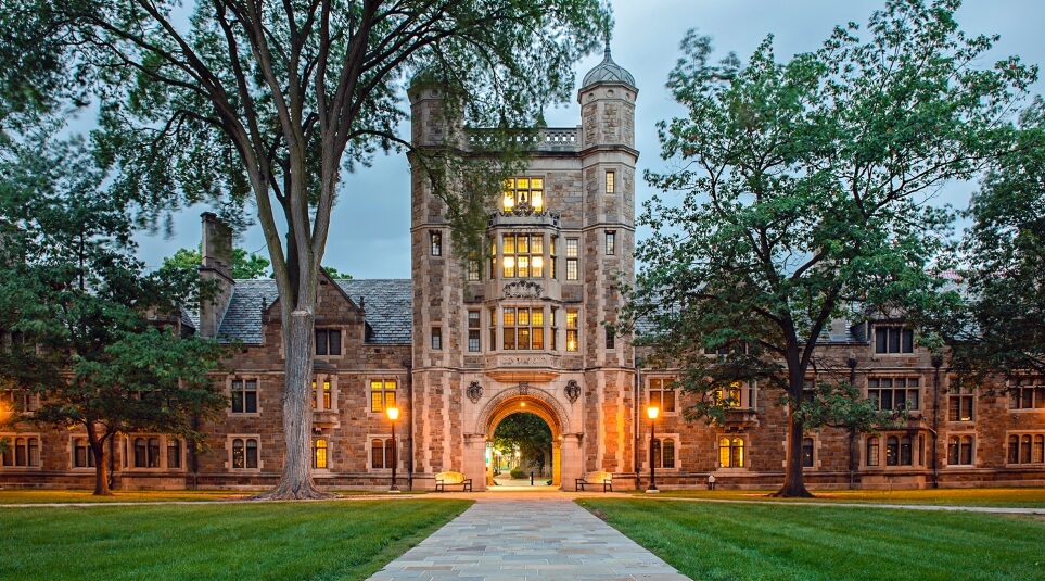 Beautiful Lawyers Club at dusk from inside the quad