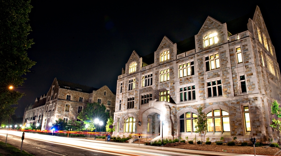 Nightime view of the exterior of Jeffries and Hutchins Hall from State Street