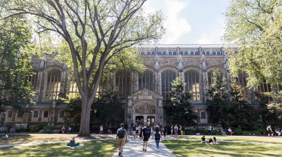 Students walking around the Law Quad, beauty 