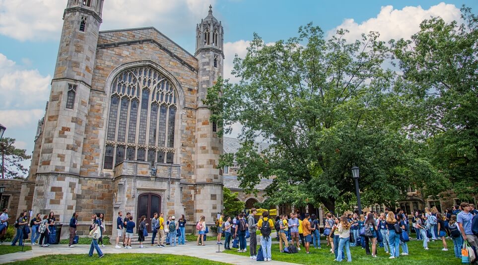 Michigan Law students gather outside in the Law Quad.