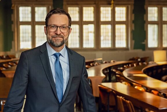 Interim Dean Kyle Logue in a Law School classroom.