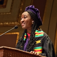 A student delivers a speech at the Law School Senior Day celebration.