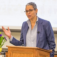 Michelle Adams speaking at a Michigan Law Blue Jeans lecture.