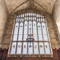 Michigan Law Reading Room stained glass window.