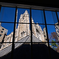 View through the windows of the Law Library of the Michigan Law Reading Room