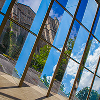 Exterior of the Michigan Law Reading Room through the Law Library Windows.