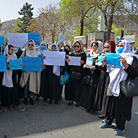Afghan women protest in front of the Ministry of Education in Kabul.